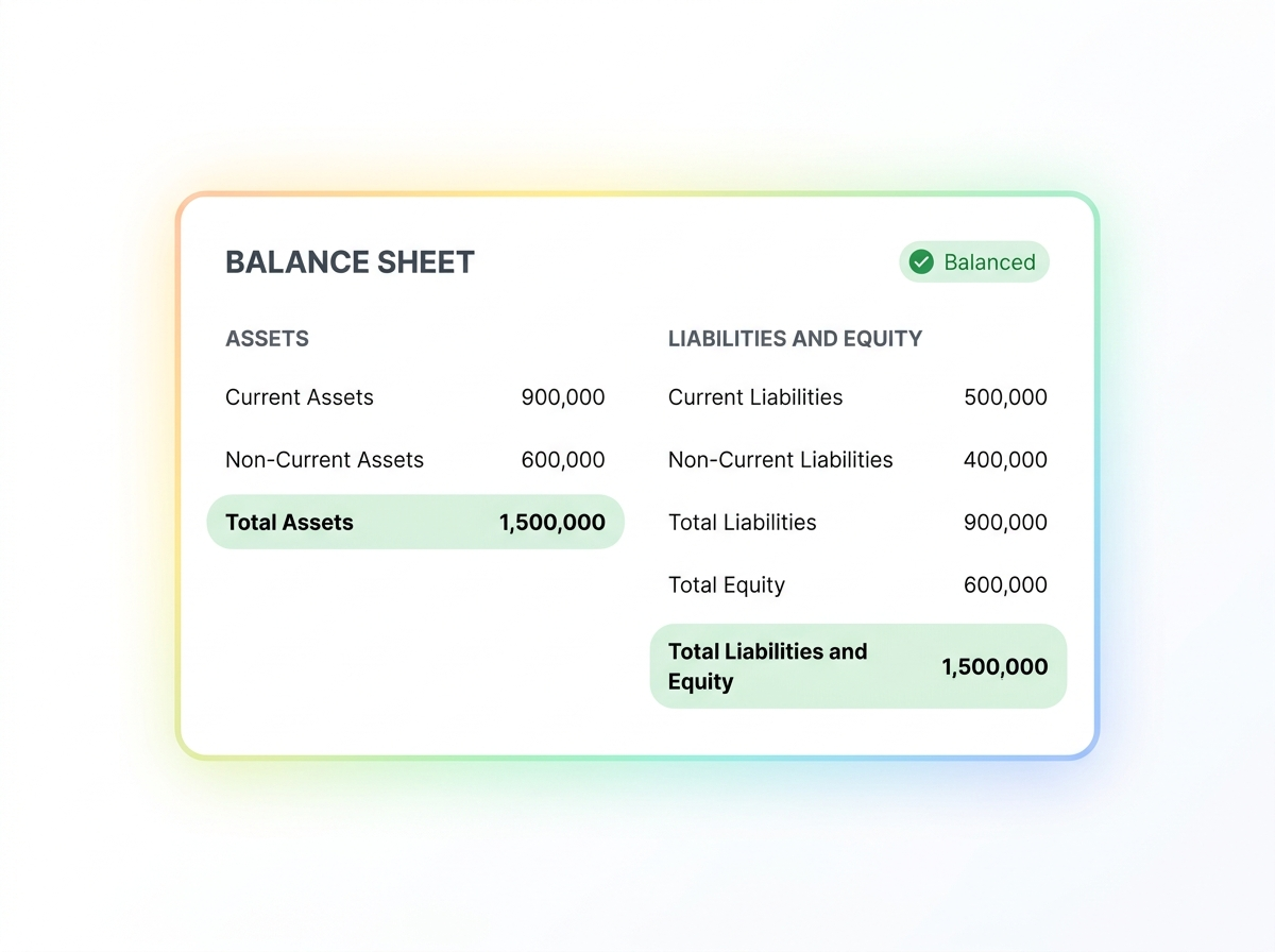 Balance sheet with Total Assets and Total Liabilities and Equity both balanced at 1,500,000